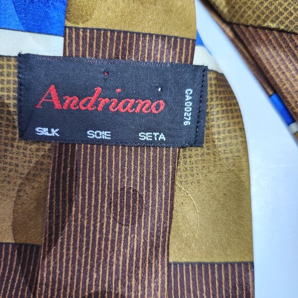 Andriano Men's Tie 100% Silk Brown Green Blue Geometric Stripes Circles … - Picture 4 of 4